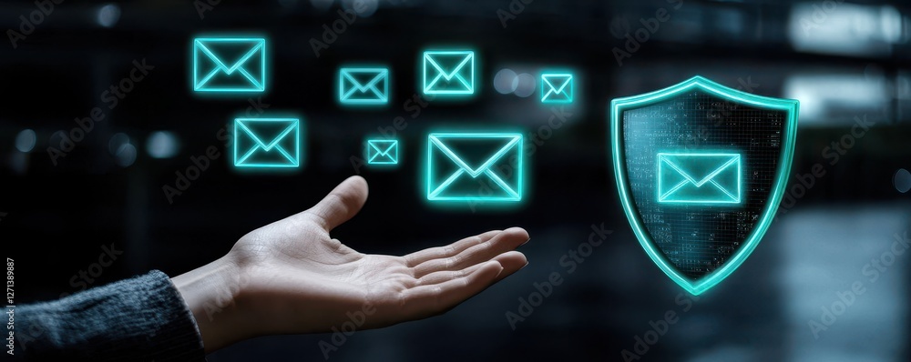 Poster a hand reaches out towards floating email icons and a shield, symbolizing email security and protect
