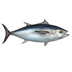 A realistic illustration of a tuna fish with a streamlined body, metallic blue back, and silver belly.