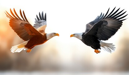 Fototapeta premium Majestic Bald Eagles in Dynamic Flight Against Soft Sunrise Background in Natural Habitat