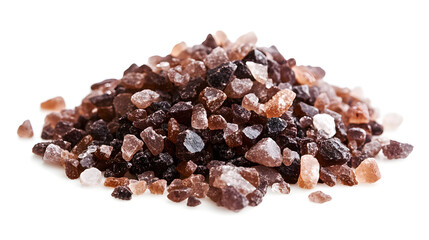 Obraz premium A pile of black Himalayan salt on a smooth white background, the crystals sparkling as they reflect the surrounding light.