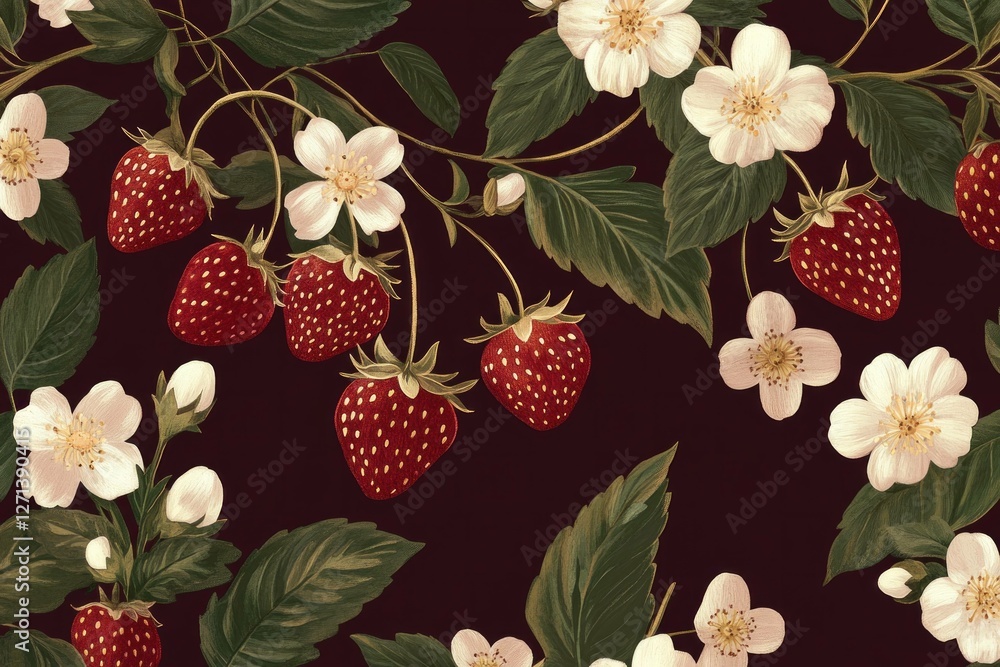 Wall mural Beautiful vintage floral pattern featuring ripe strawberries and white blossoms on a dark background, perfect for summer themed designs and healthy food concepts