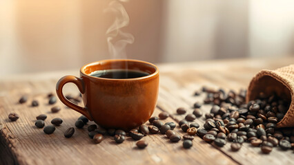 Hot coffee next to a bag of coffee beans, the concept of morning enjoyment, the aroma of freshly brewed coffee, and warmth for vitality and energy
