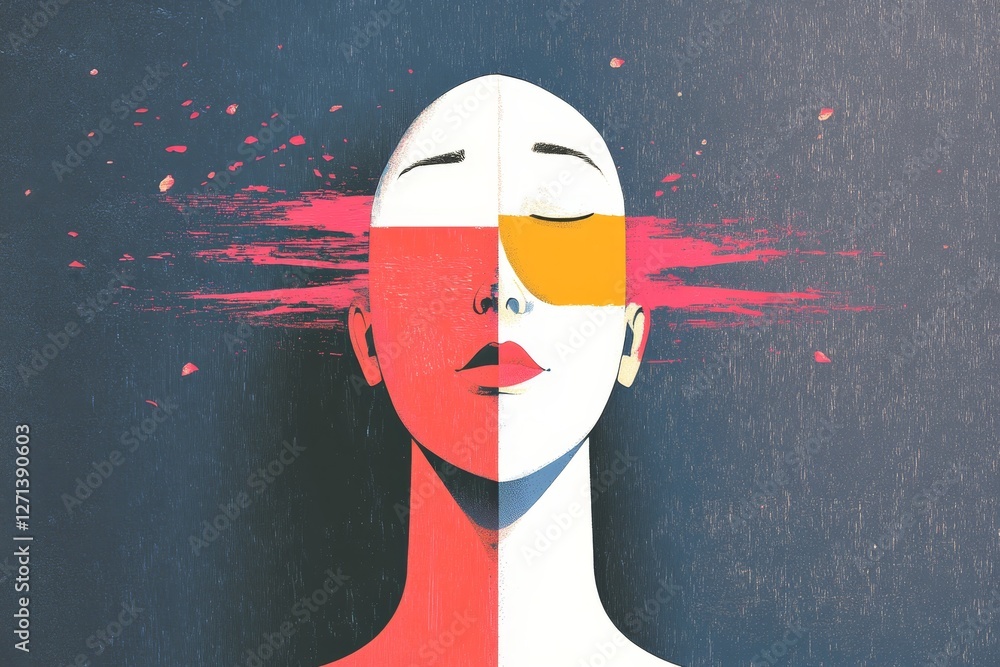 Poster artistic representation of a serene face with vibrant colors and abstract elements