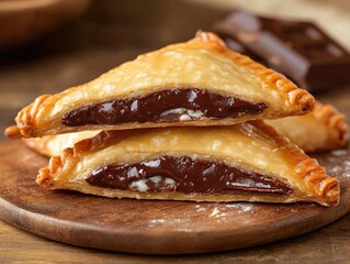 Close-up of two chocolate pastries with a white creamy filling, topped with powdered sugar on a wooden board.