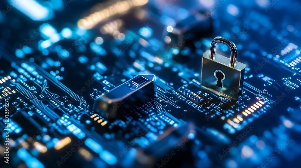 Poster Close up view of digital security lock on modern computer circuit board technology : Generative AI