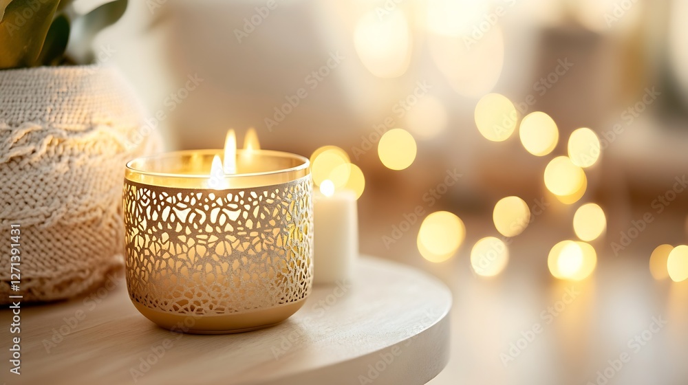 Poster aromatic candle on a wooden table with soft glowing lights providing a calming ambiance : generative