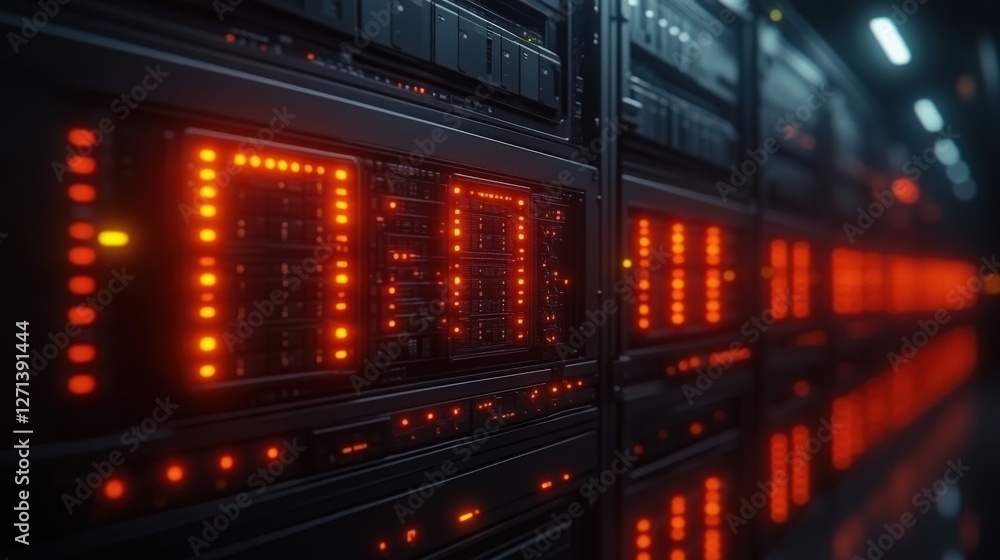 Poster glowing server racks with red lights in a data center environment