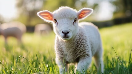 Obraz premium Charming young lamb exploring lush green grass under sunlight in countryside setting : Generative AI