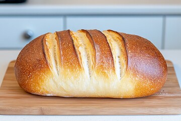 A freshly baked loaf of artisan bread on a rustic wooden cutting board