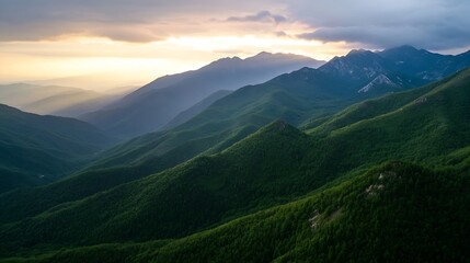 Naklejka premium Breathtaking panorama of mountains layered in rich green vegetation and dramatic sky : Generative AI