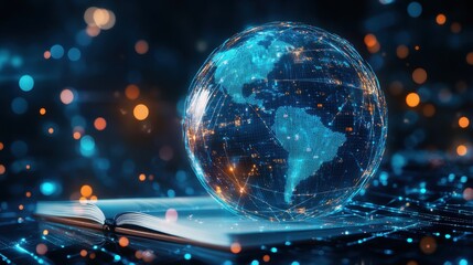 Close up of notebook with abstract globe sphere with coding and polygonal network. Future, technology and digital world concept. Double exposure