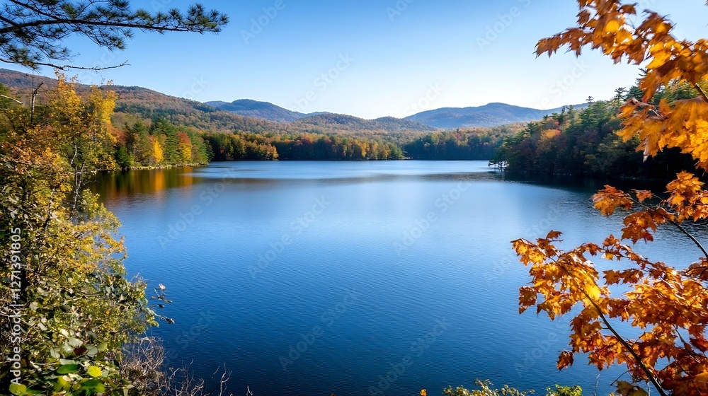 Poster stunning view of a tranquil lake surrounded by colorful autumn trees and mountains : generative ai