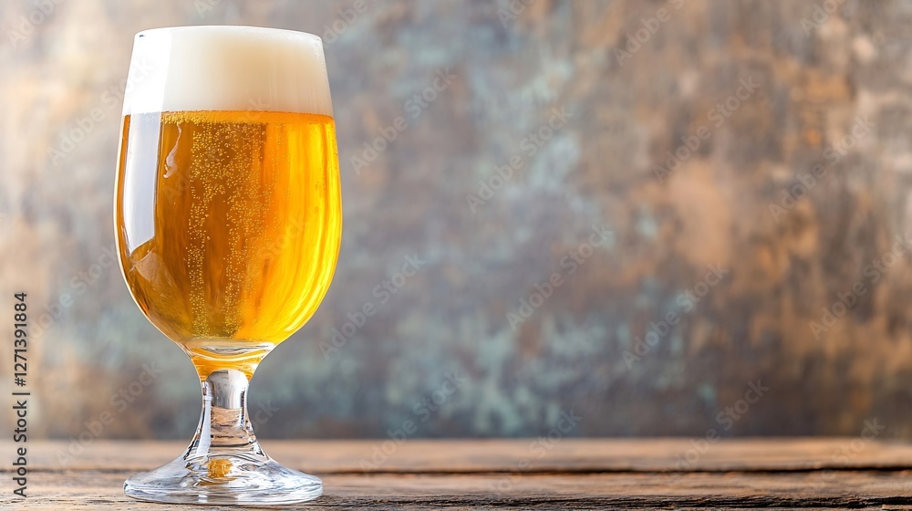 Poster refreshing glass of golden beer with frothy head on rustic wooden table background : generative ai