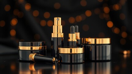 Elegant assortment of black and gold cosmetic containers displayed against a softly lit, bokeh background.