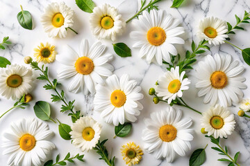 Obraz premium White Daisies & Greenery Pattern on Marble