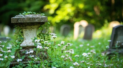 Flower cemetery serenity. Abandoned grave marker surrounded by lush greenery and wildflowers in a tranquil cemetery setting.