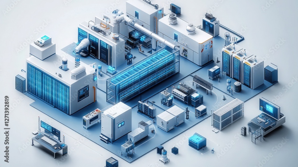 Poster isometric view of modern data center with advanced technology setup