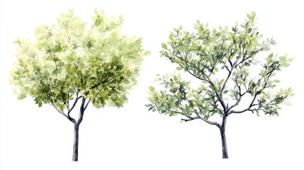 Obraz premium Set of watercolor green tree isolated on white background for landscape and architecture drawing, elements for environment and garden, botanical for section in spring.