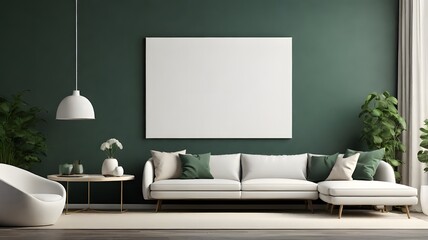 Blank canvas mockup displayed in a modern living room with a dark green wall, sleek white furniture, and minimalistic 