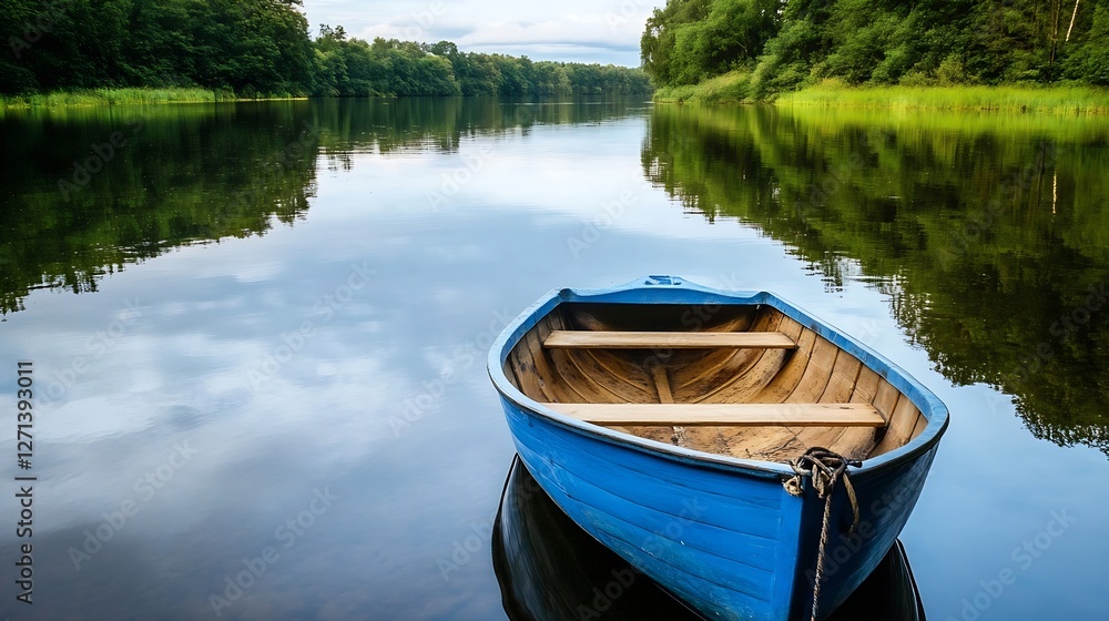 Poster tranquil blue boat floating on calm lake surrounded by lush greenery and reflection of clouds : gene
