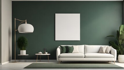 Blank canvas mockup displayed in a modern living room with a dark green wall, sleek white furniture, and minimalistic 