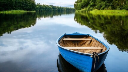 Obraz premium Tranquil blue boat floating on calm lake surrounded by lush greenery and reflection of clouds : Generative AI