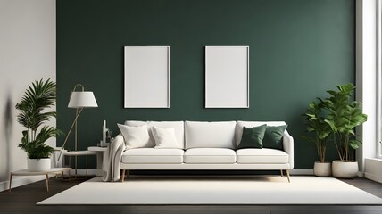 Blank canvas mockup displayed in a modern living room with a dark green wall, sleek white furniture, and minimalistic 