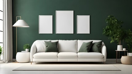 Blank canvas mockup displayed in a modern living room with a dark green wall, sleek white furniture, and minimalistic 