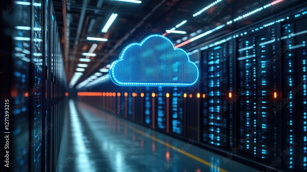 Poster modern data center with cloud computing concept and server racks