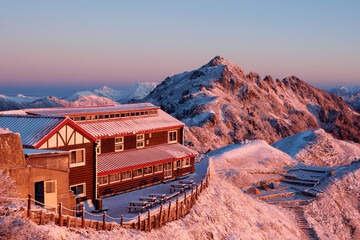 Mt. Tsubakuro and Tsubakuro Hut in Winter, Nagano, Japan