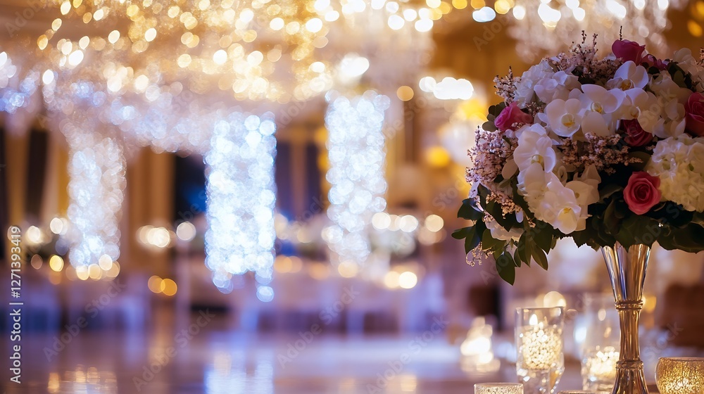 Poster elegant floral arrangement in a luxurious wedding venue with sparkling lights creating a romantic at