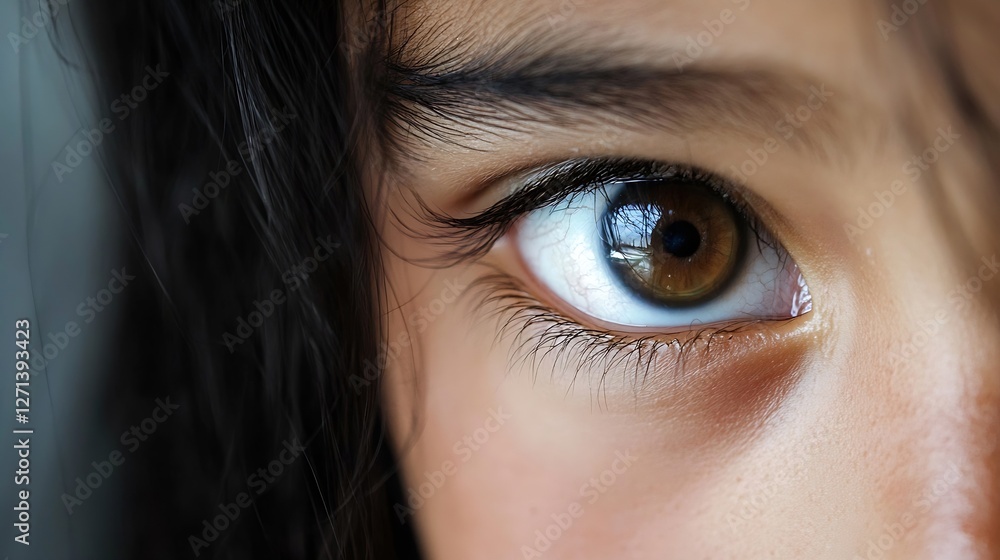 Poster close up of a child's eye highlighting deep brown iris with detailed eyelashes and youthful expressi