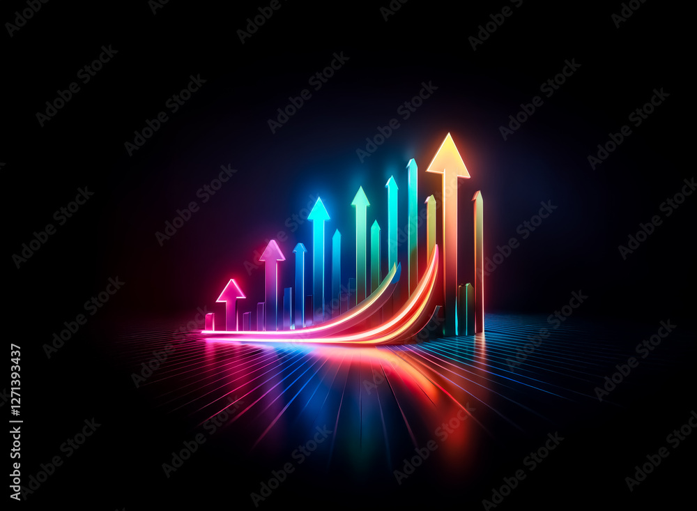 Poster neon arrows ascend dynamically against a dark backdrop, symbolizing progress and positive trends. vi