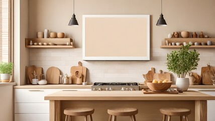 Blank canvas wall art mockup above a kitchen island with warm, wood accents and a soft beige backsplash