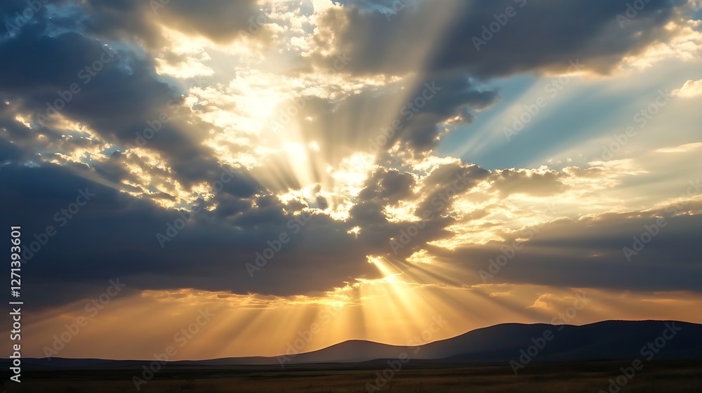 Poster dramatic sunset with rays of light breaking through the clouds over rolling hills : generative ai