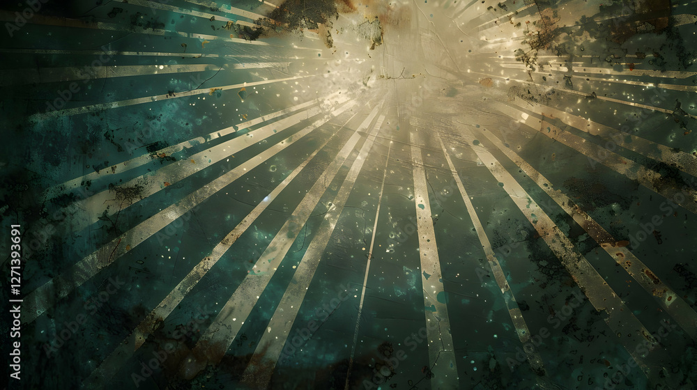 Poster abstract rays of light shining through a textured dark background, creating a mystical atmosphere