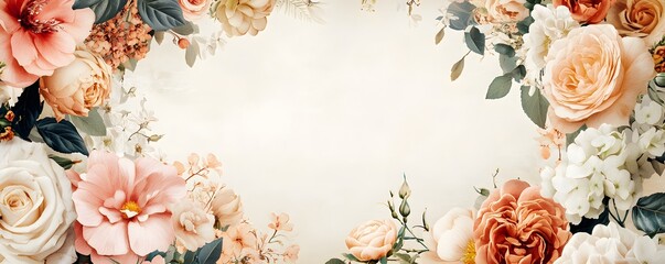 Elegant assortment of roses and leaves frame a backdrop