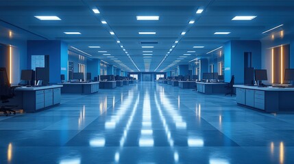 Modern office interior with blue lighting and empty workspaces