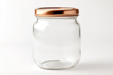 Elegant Empty Glass Jar with Copper Lid, Perfect for Product Mockups, Branding, Food Photography, and Culinary Designs. Isolated on White Background, Clean and Minimalist Aesthetic. Ideal for         