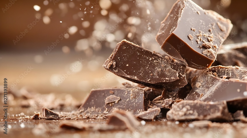 Aufkleber delicious dark chocolate chunks with cocoa dust on wooden table background : generative ai