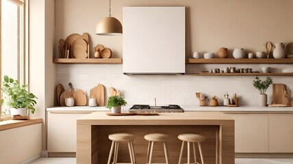 Blank canvas wall art mockup above a kitchen island with warm, wood accents and a soft beige backsplash