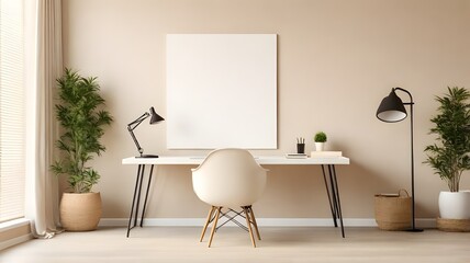 Blank modern canvas mockup on a soft beige wall in an office with a simple white desk and a sleek ergonomic chair 