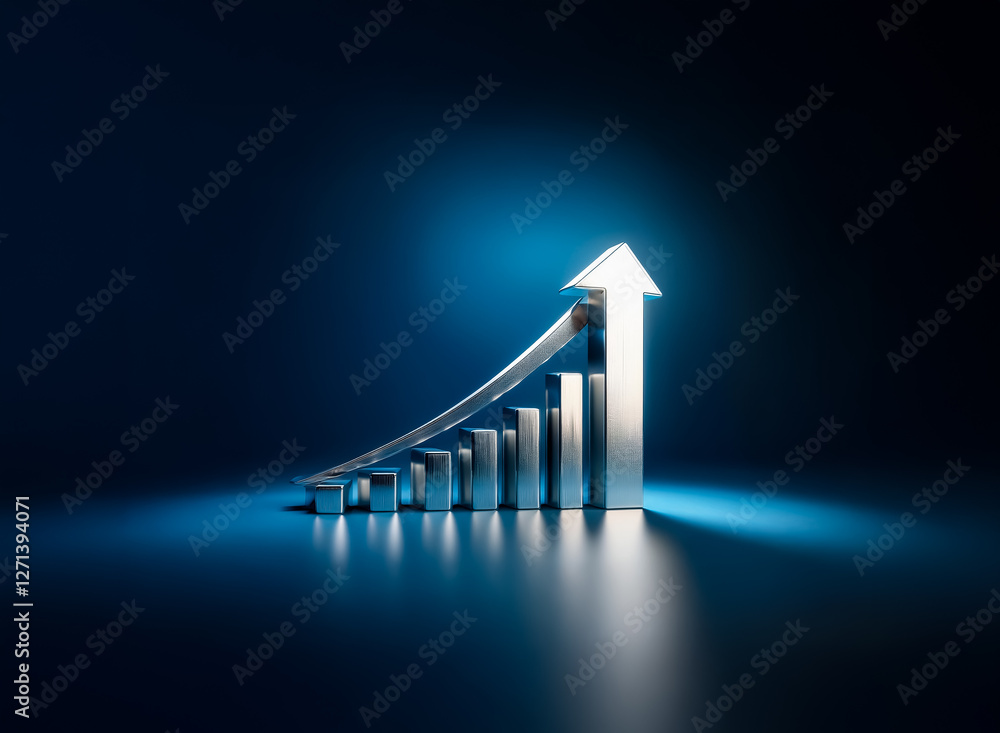 Poster silver metallic bar chart with an arrow pointing upwards on a dark blue illuminated backdrop symboli