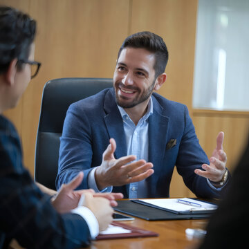 El espa&ntilde;ol con el que se habla en la sala de juntas. Tiene una expresi&oacute;n de confianza y una sonrisa.