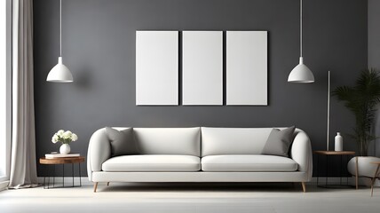 Blank modern canvas on a charcoal grey wall in a minimalist lounge with sleek white furniture and neutral flooring 