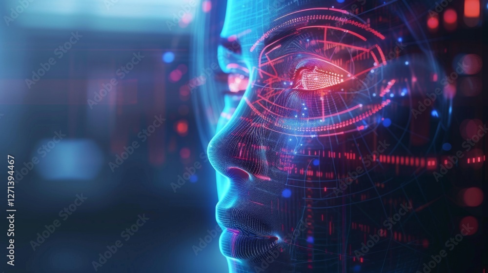 Poster A futuristic digital representation features a human face outlined by glowing circuits and vibrant data patterns, showcasing the theme of artificial intelligence and technology advancement.