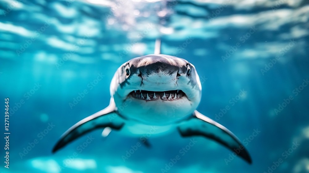 Aufkleber closeup perspective of a fierce shark swimming directly towards the camera in a vibrant underwater s