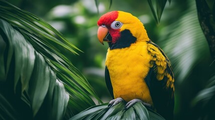 Fototapeta premium a high-resolution, colorful yellow and black bird with a red head perched on green leaves in the Amazon rainforest