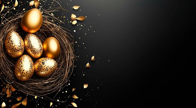 brutal style Easter banner with golden eggs in a nest on a black background, top view. Happy Easter concept.