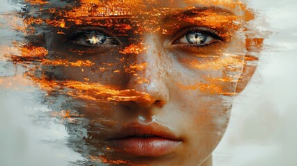 Digital manipulation revealing unseen layers on a human face, with smooth plastic textures and glitch effects 